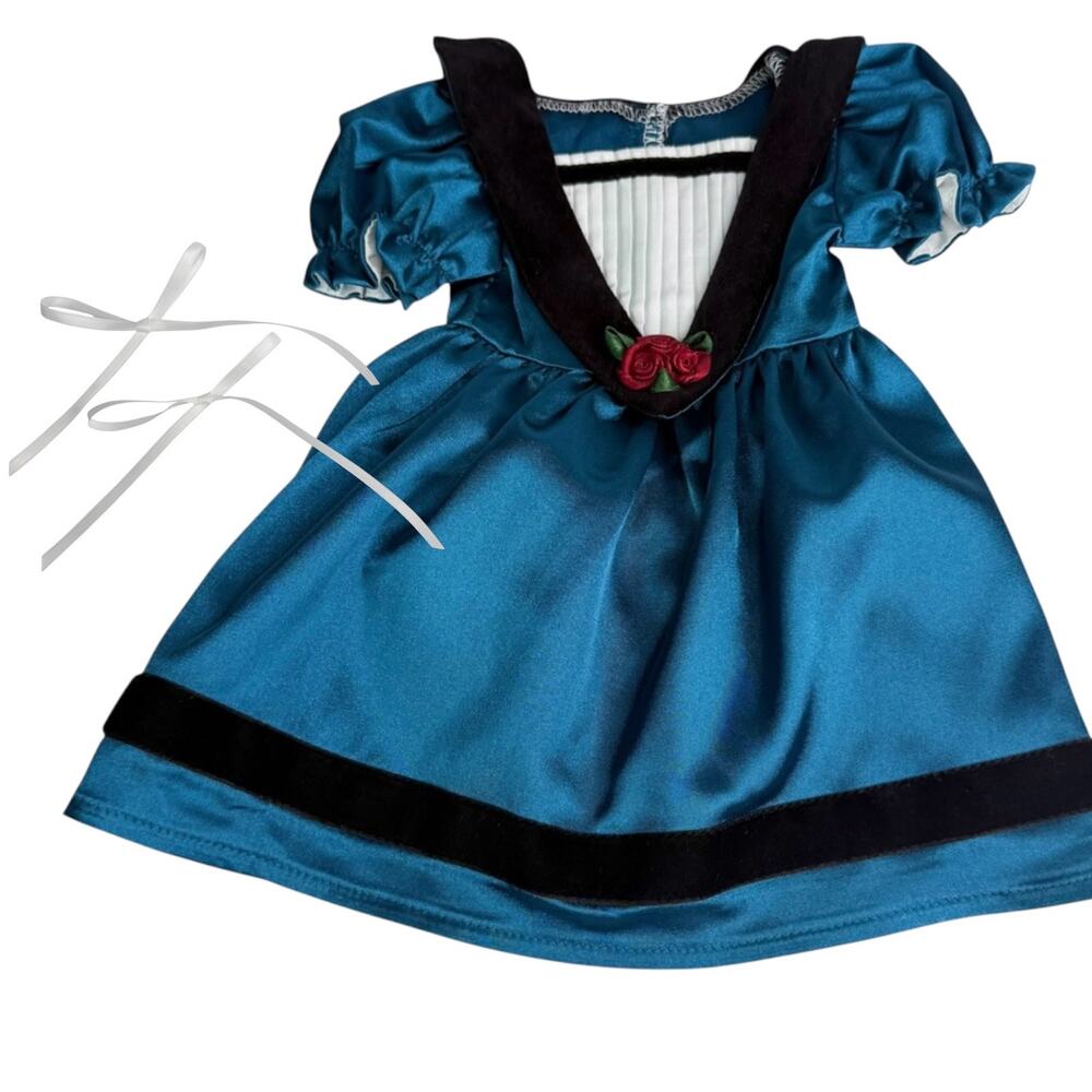 American Girl Cecile Meet Dress & White Hair Ribbons Teal Blue Silk Fancy Gown